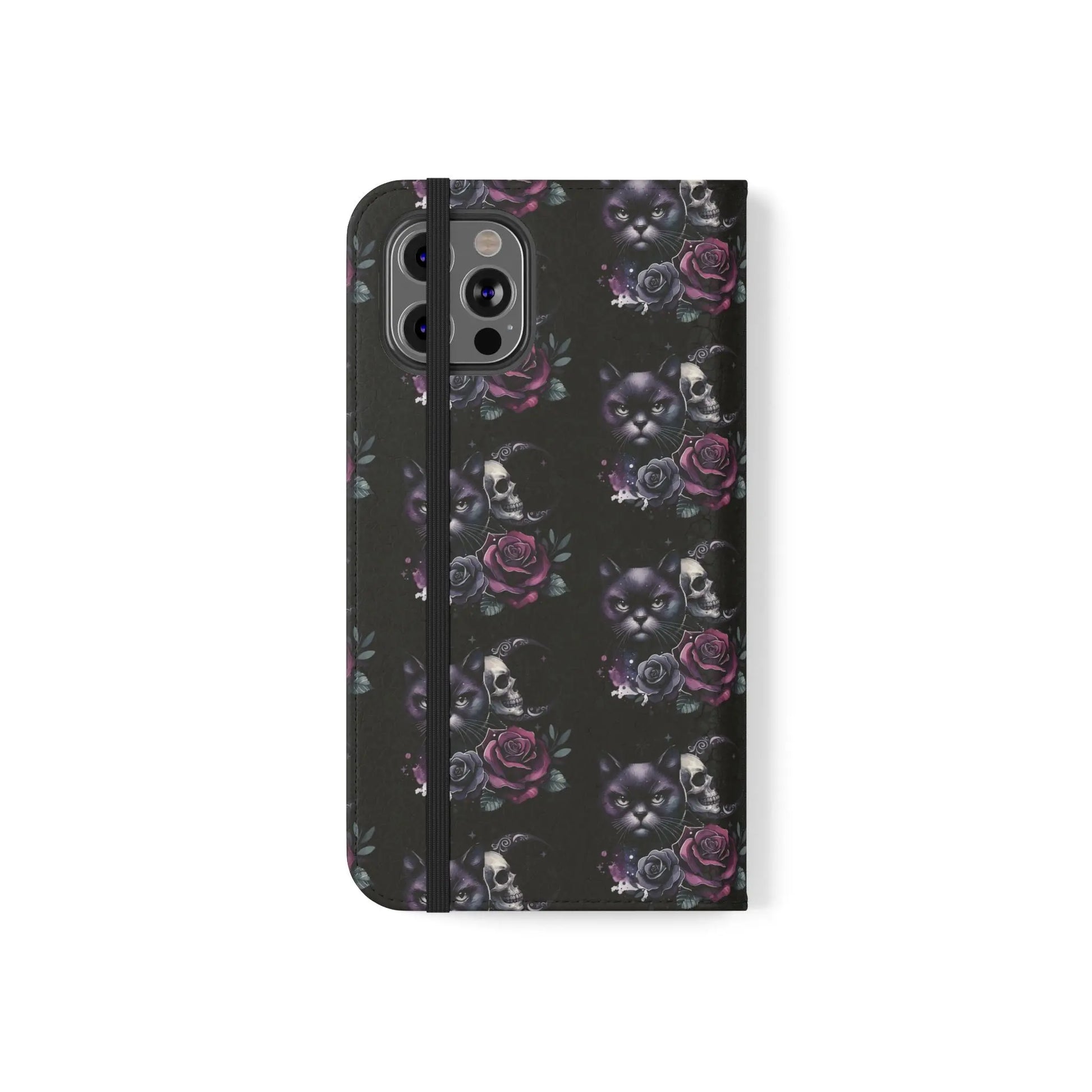 Gothic Floral Flip Case with Cats and Skulls Printify