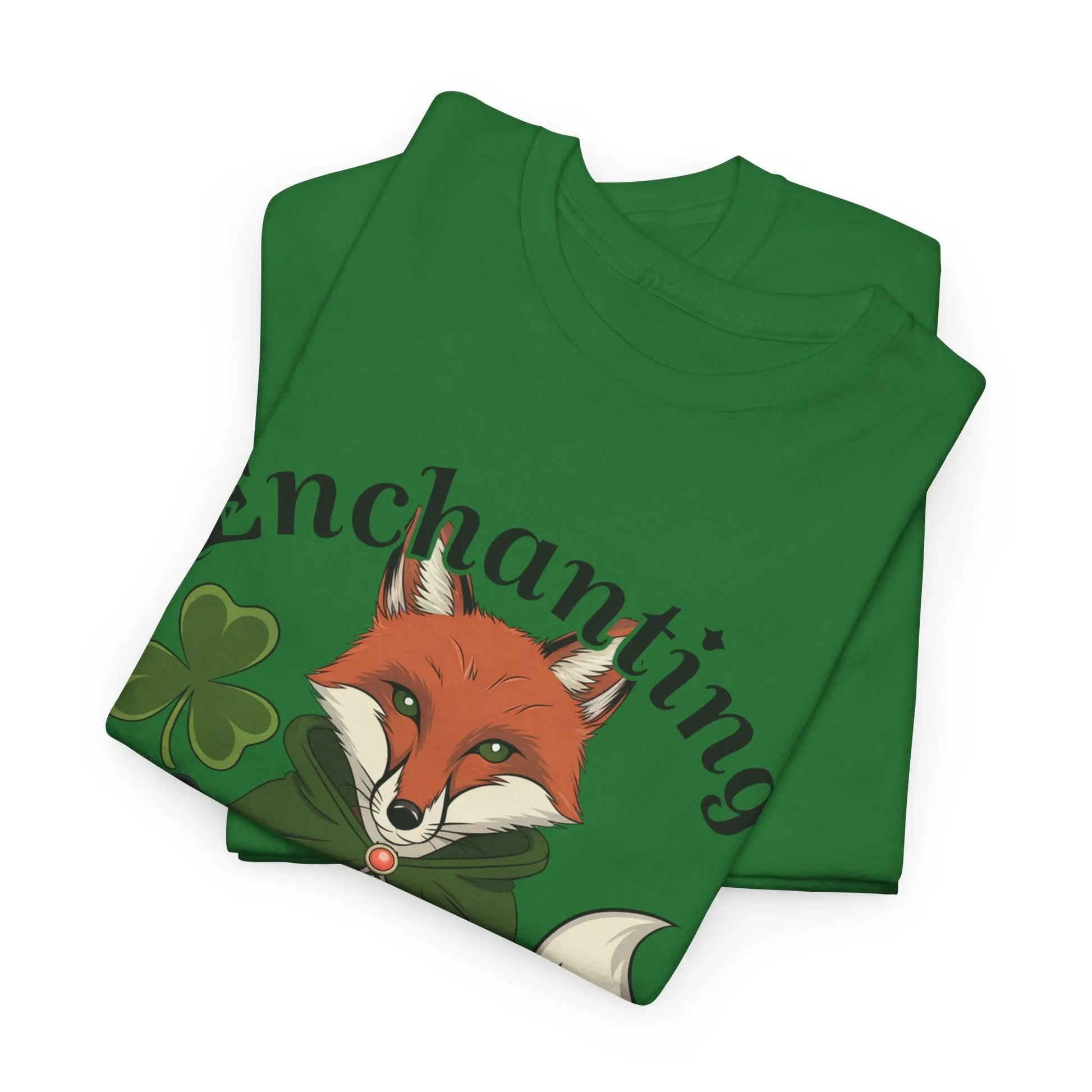 Folded Turf Green tee featuring a fox design with a four-leaf clover, pentagram necklace, and the words 'Enchanting Luck.' witchypets.com