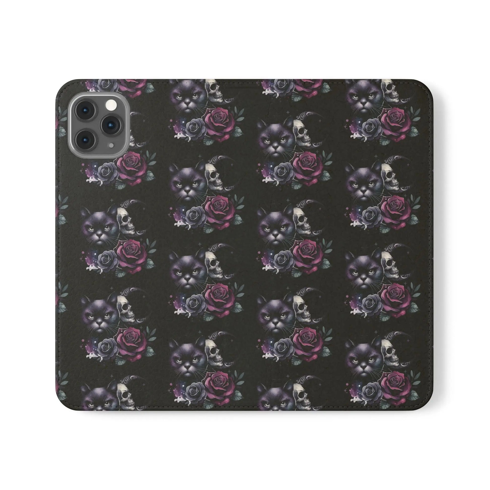 Gothic Floral Flip Case with Cats and Skulls Printify