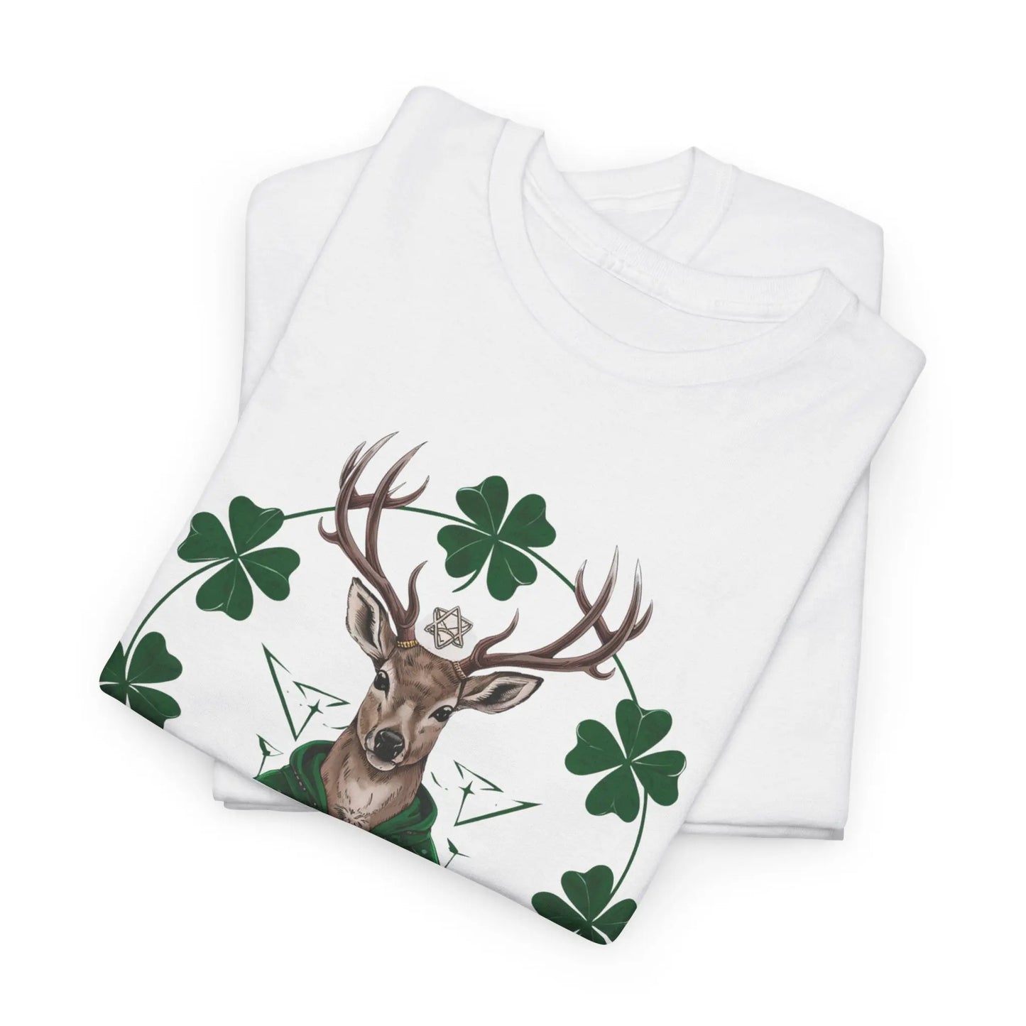 White folded tee featuring a Celtic deer St. Patty Day design with four-leaf clovers. witchypets.com