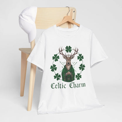 White tee featuring a Celtic deer St. Patty Day design, hanging behind a chair in a mockup setting. witchypets.com