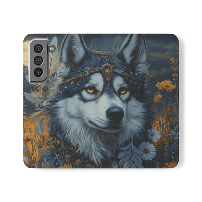 Open flip phone case front view showcasing the boho Wolf Design. witchypets.com