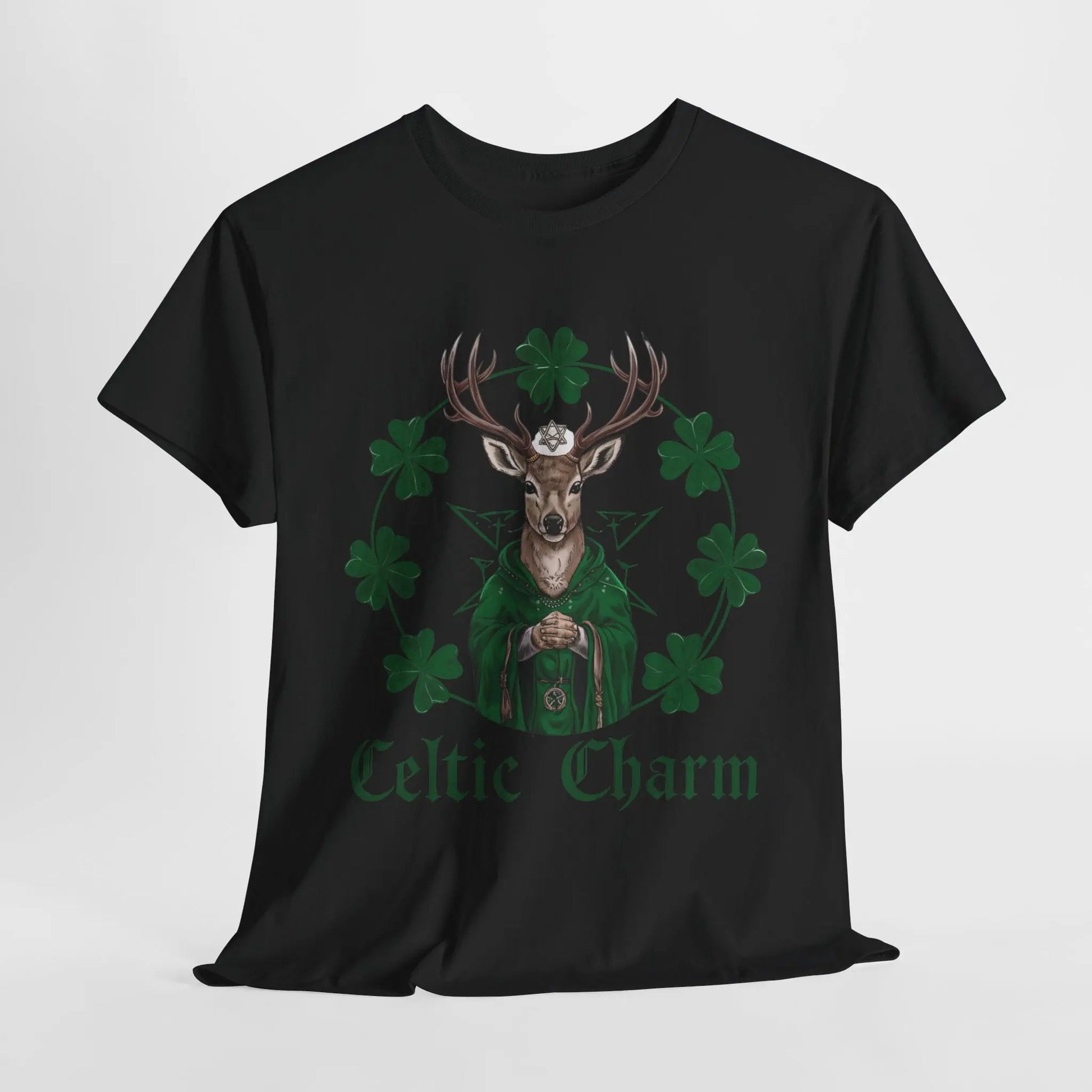 Front view of a loosely fitting black tee featuring a Celtic deer St. Patty Day design with four-leaf clovers. witchypets.com