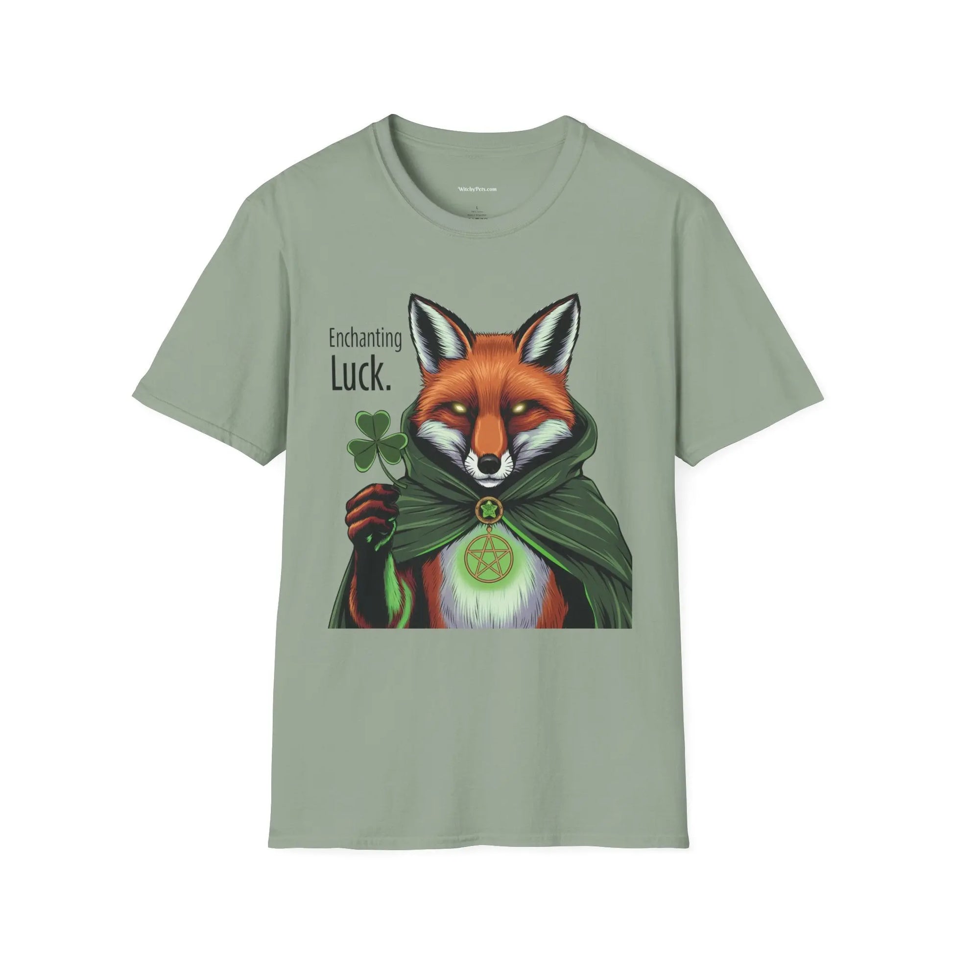 Front view of a sage green t-shirt featuring the Fox Luck design with a pagan fox, pentagram, four-leaf clovers, and the words 'Enchanting Luck.' witchypets.com