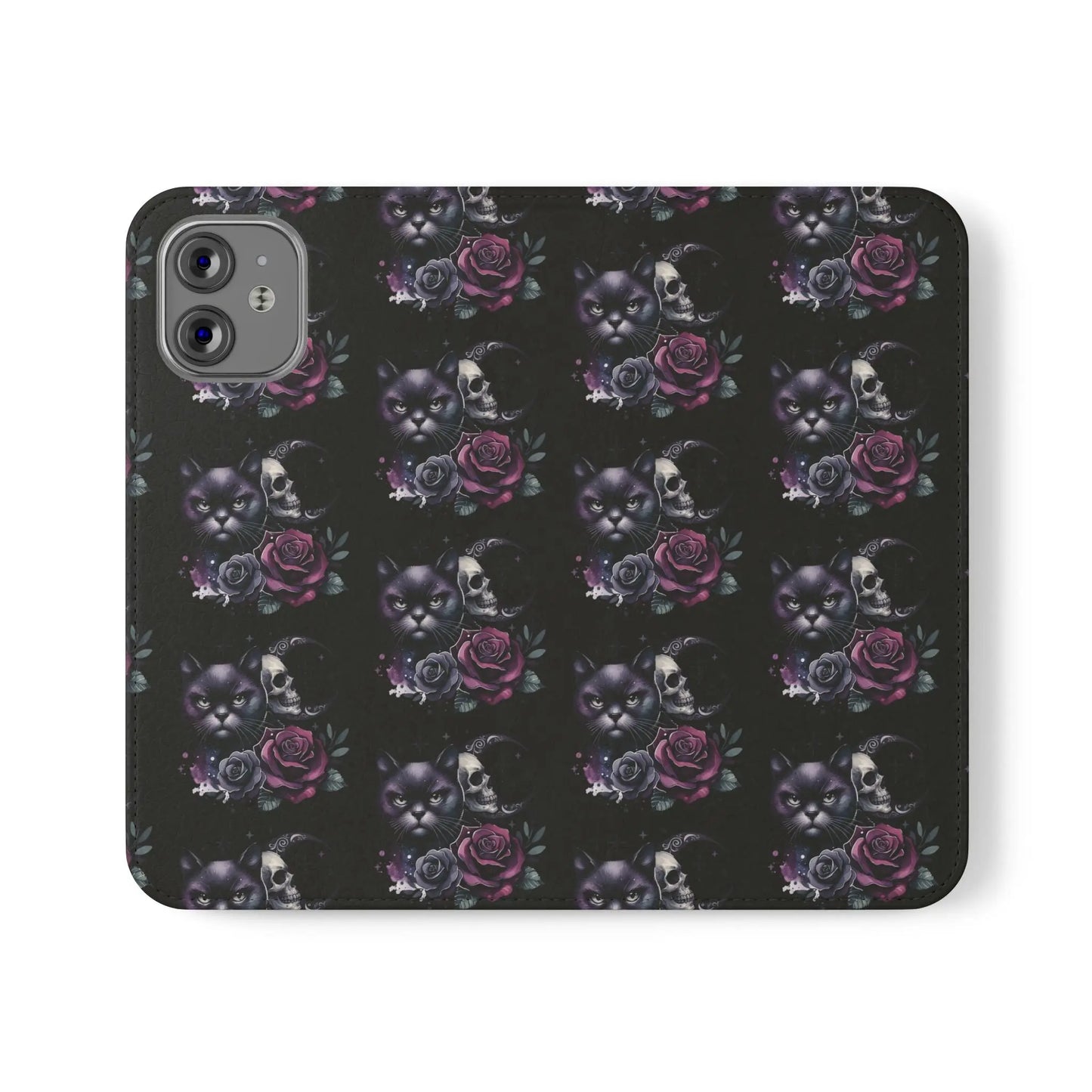 Gothic Floral Flip Case with Cats and Skulls Printify