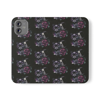 Gothic Floral Flip Case with Cats and Skulls Printify