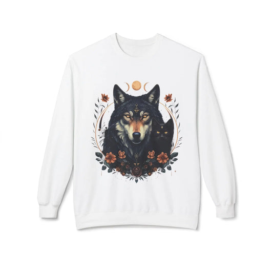 Wolf and Cat Floral Design Unisex Fleece Crewneck Sweatshirt WitchyPets.com