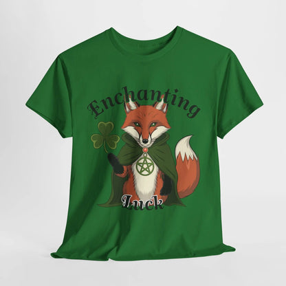 Turf Green tee, loosely front view, featuring a fox design with a four-leaf clover, pentagram necklace, and the words 'Enchanting Luck.' witchypets.com