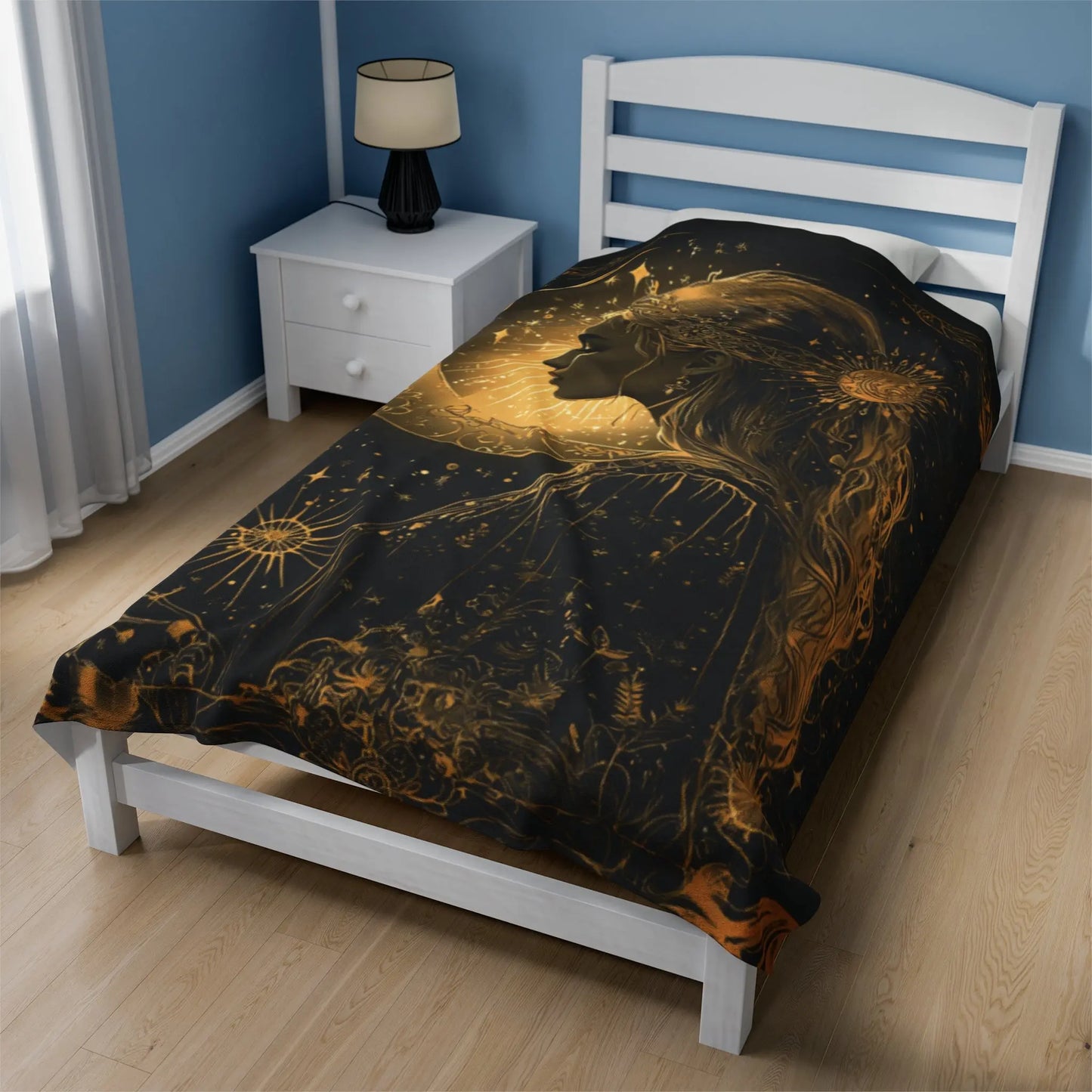 Black & Gold Celestial Pagan Design Plush Velveteen Blanket Printify