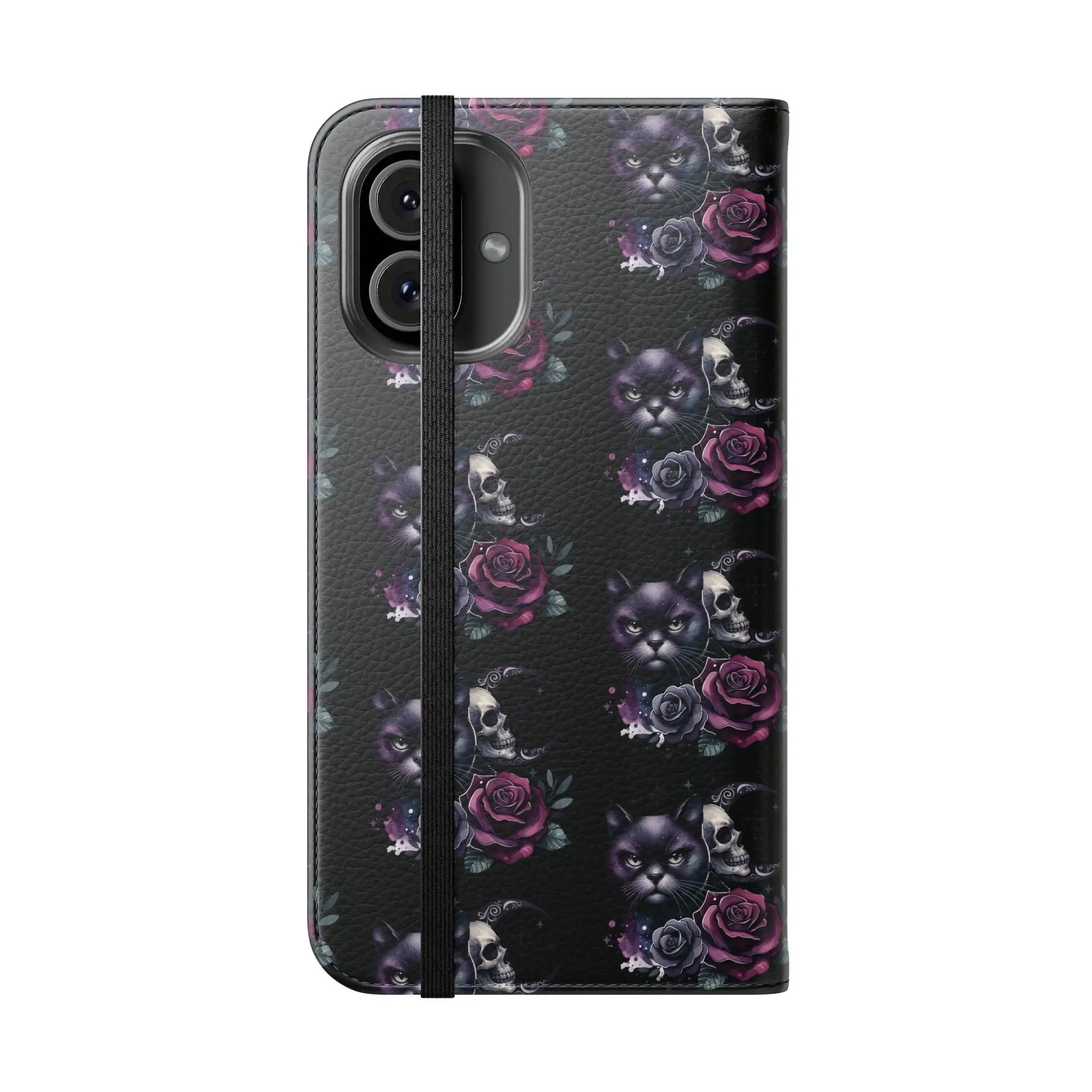 Gothic Floral Flip Case with Cats and Skulls Printify