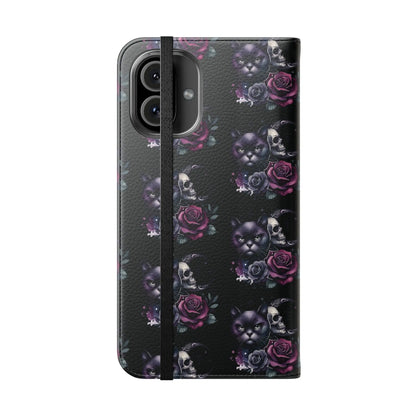 Gothic Floral Flip Case with Cats and Skulls Printify