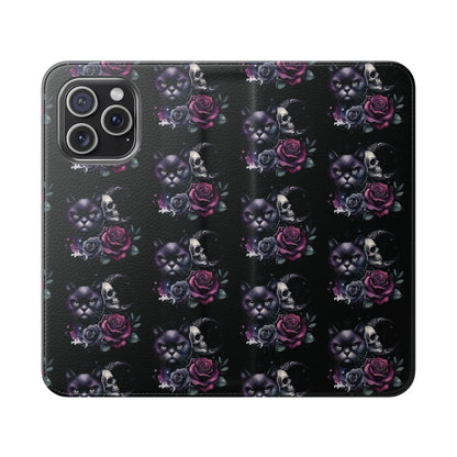 Gothic Floral Flip Case with Cats and Skulls Printify