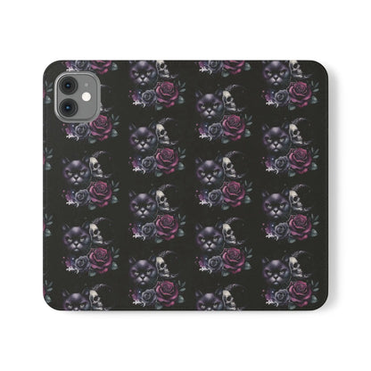 Gothic Floral Flip Case with Cats and Skulls Printify