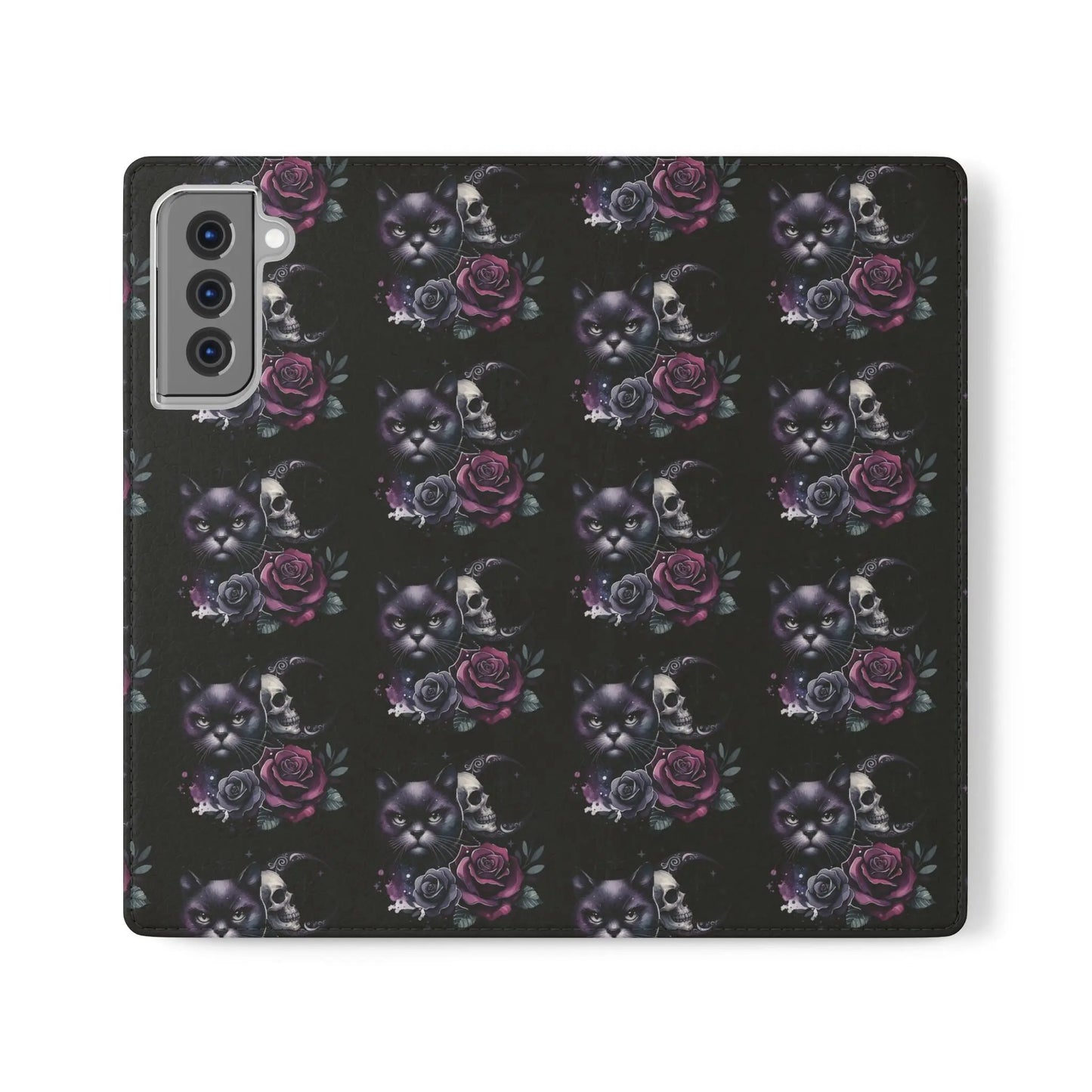 Gothic Floral Flip Case with Cats and Skulls Printify