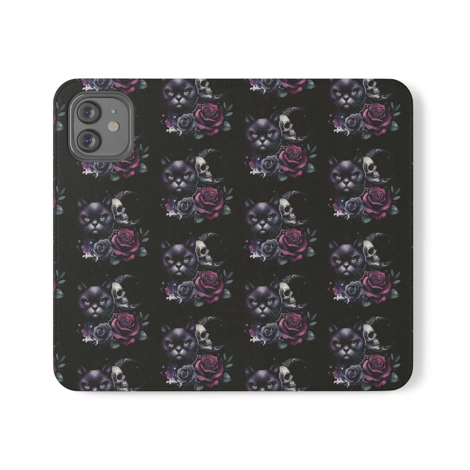 Gothic Floral Flip Case with Cats and Skulls Printify