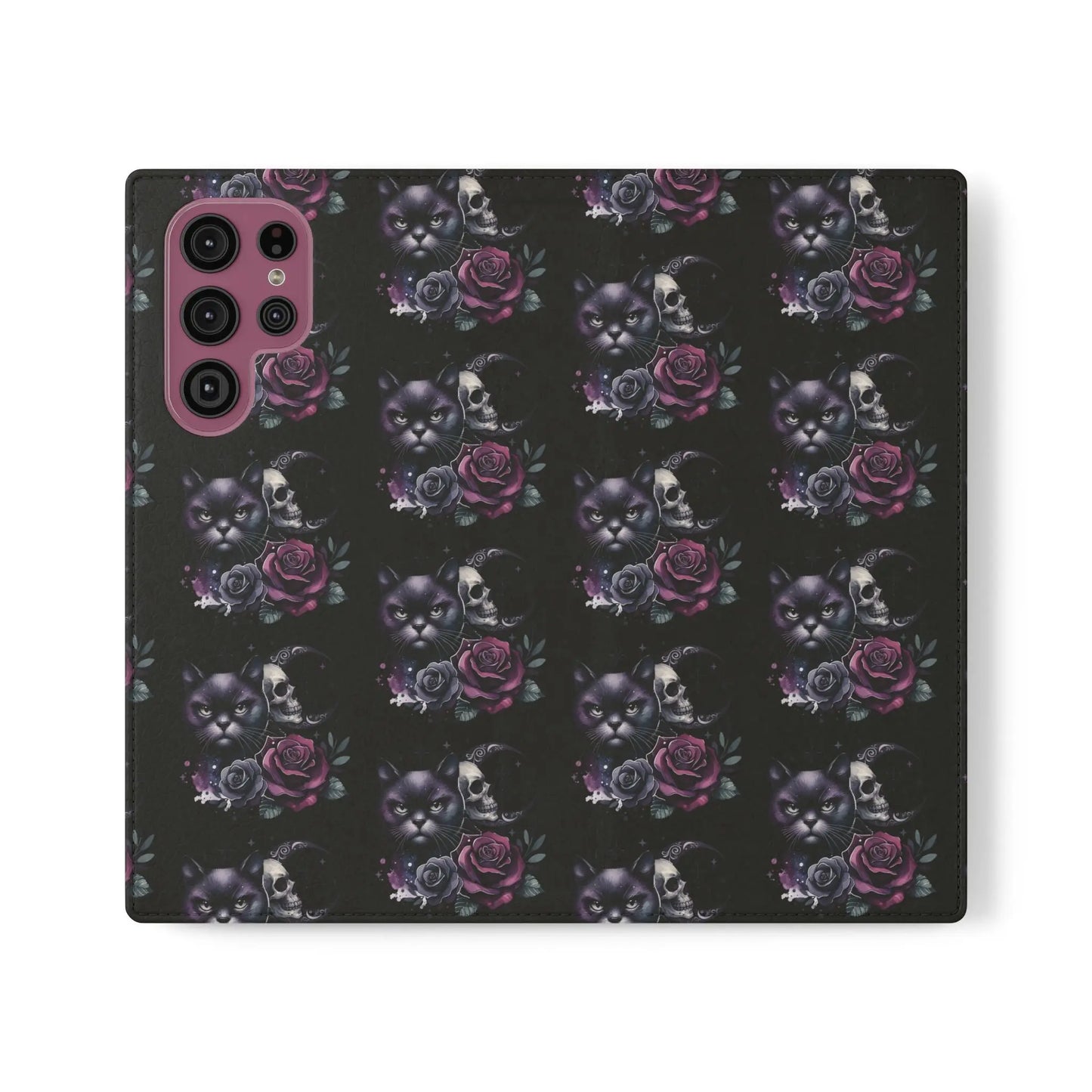 Gothic Floral Flip Case with Cats and Skulls Printify