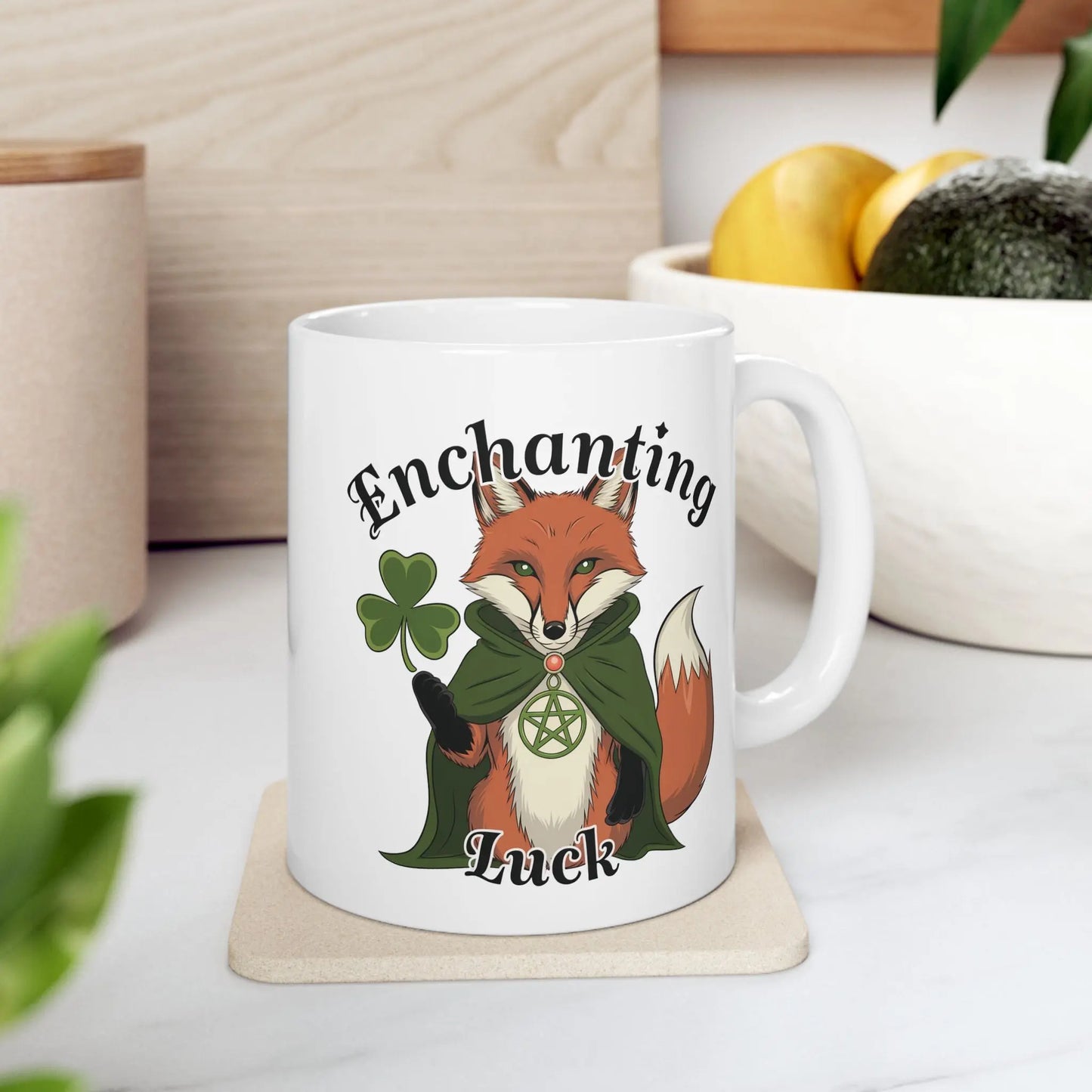 Side view of a White 11oz fox mug showcasing a mystical pagan fox adorned with clovers and a pentagram necklace.