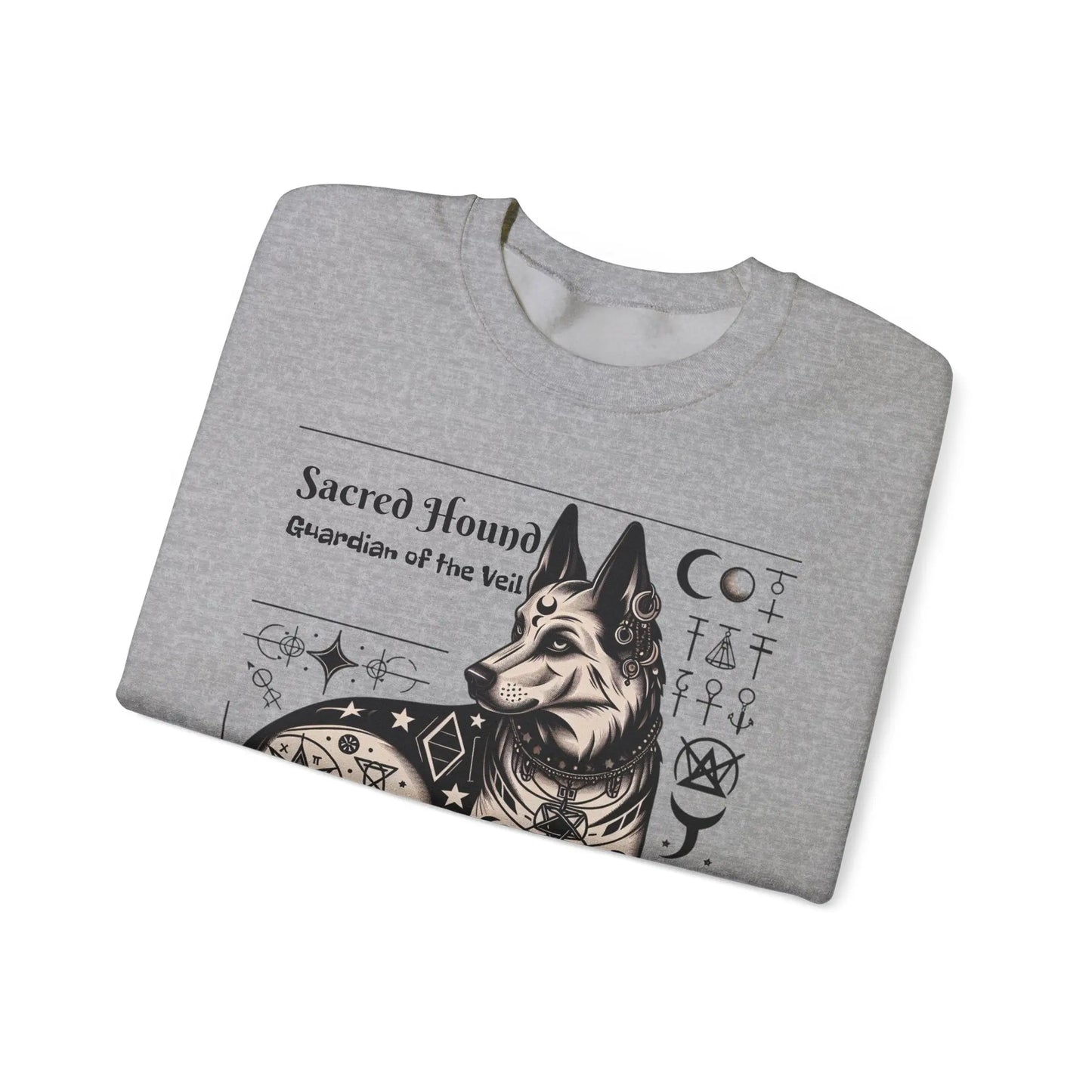 Folded view of a sport grey sweatshirt with the sacred hound design.