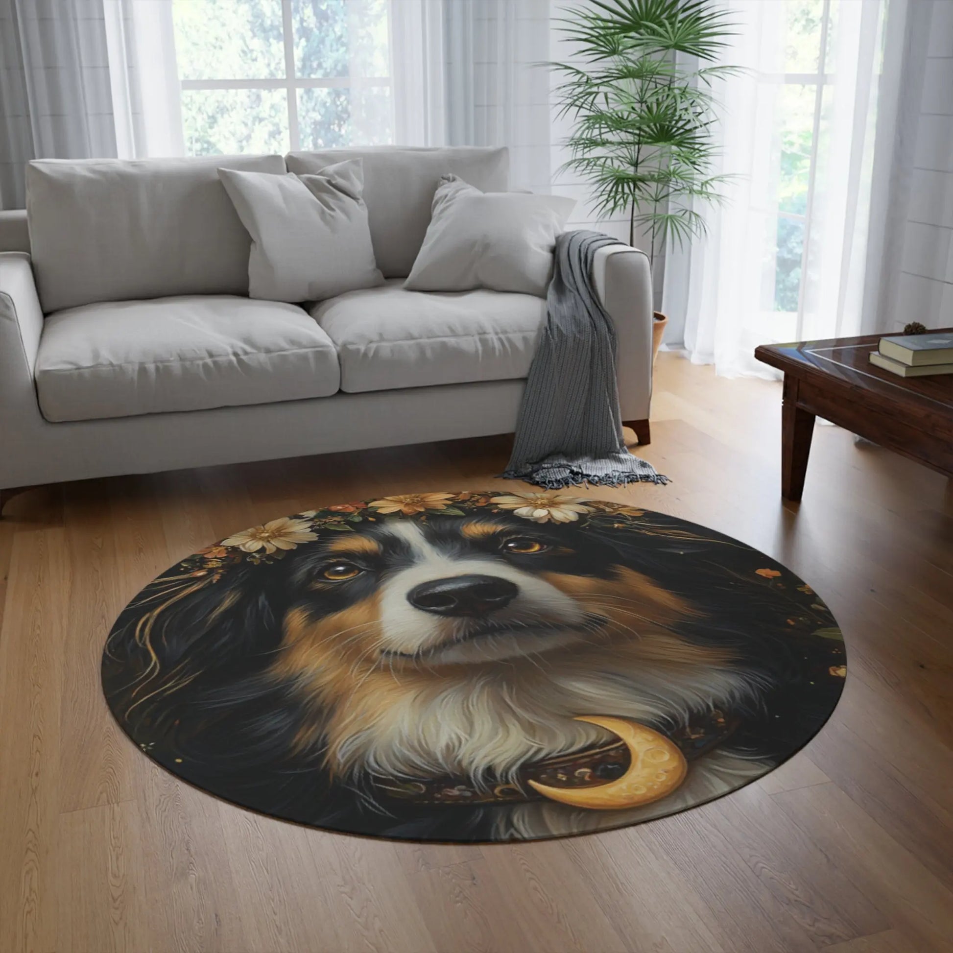 Round Rug Australian Shephard Dog Floral Moon Area Rug 60x60 inch 100% Polyester Chenille Printify