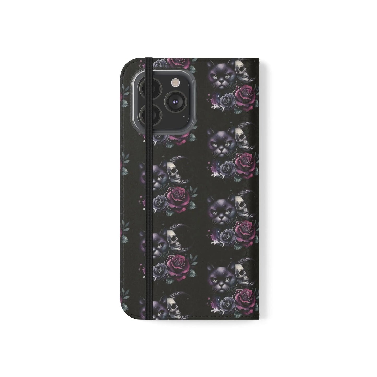 Gothic Floral Flip Case with Cats and Skulls Printify