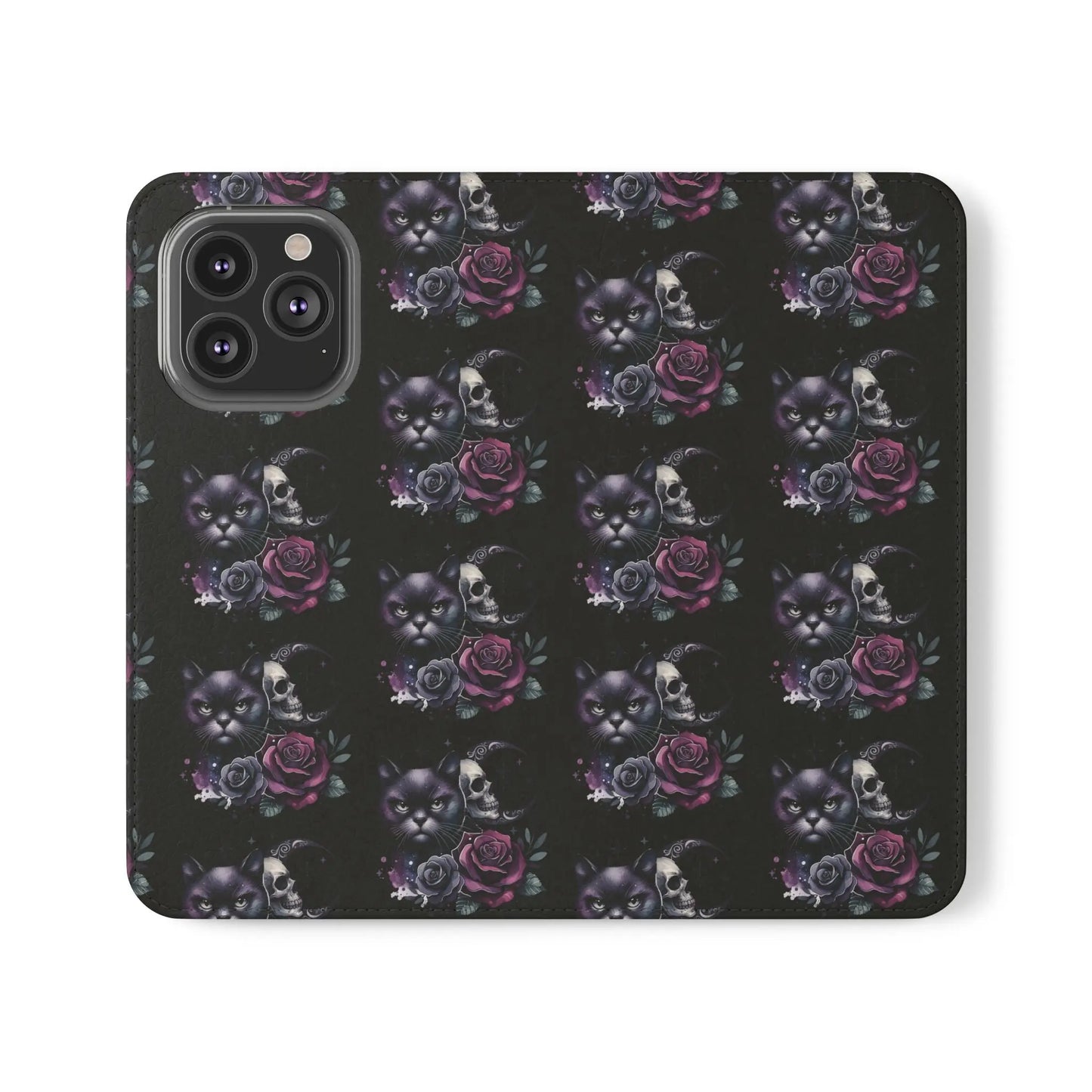 Gothic Floral Flip Case with Cats and Skulls Printify