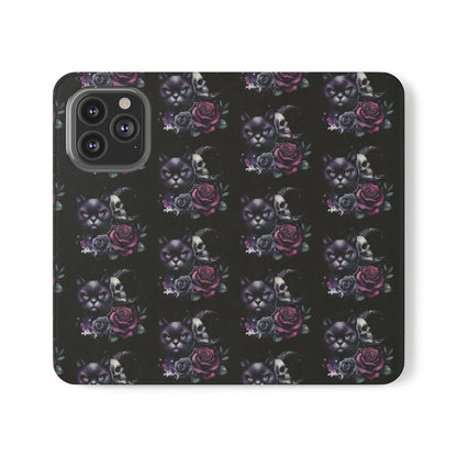 Gothic Floral Flip Case with Cats and Skulls Printify