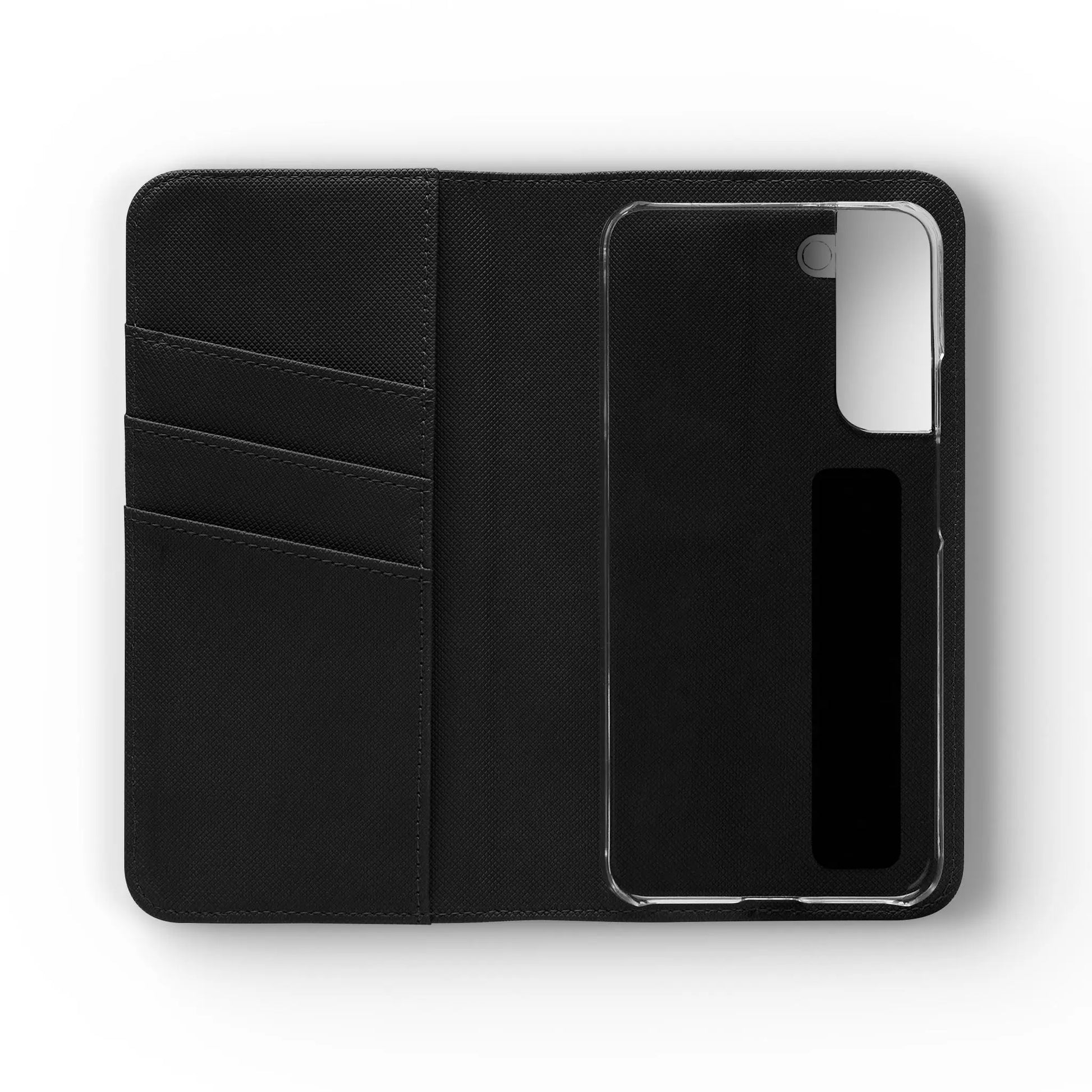 Flip phone case open, showing off the black interior with credit card slots and an all-black case that holds the phone. witchypets.com