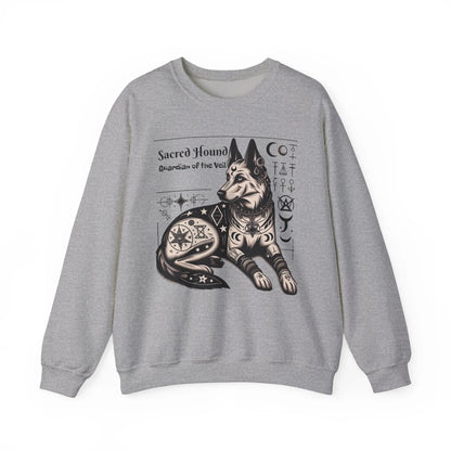 Front view of a sport grey sweatshirt with a pagan sacred hound design.