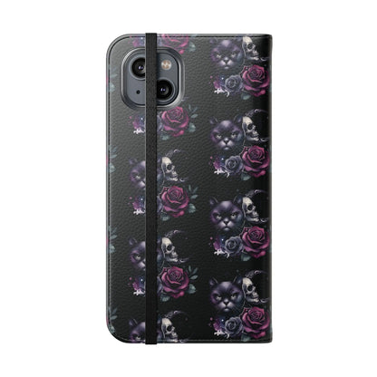 Gothic Floral Flip Case with Cats and Skulls Printify