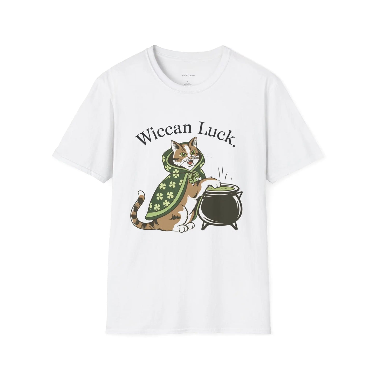 Front view of a white tee featuring the lucky cat design with St. Patty's Day 4-leaf clover robe and witch's cauldron - witchypets.com