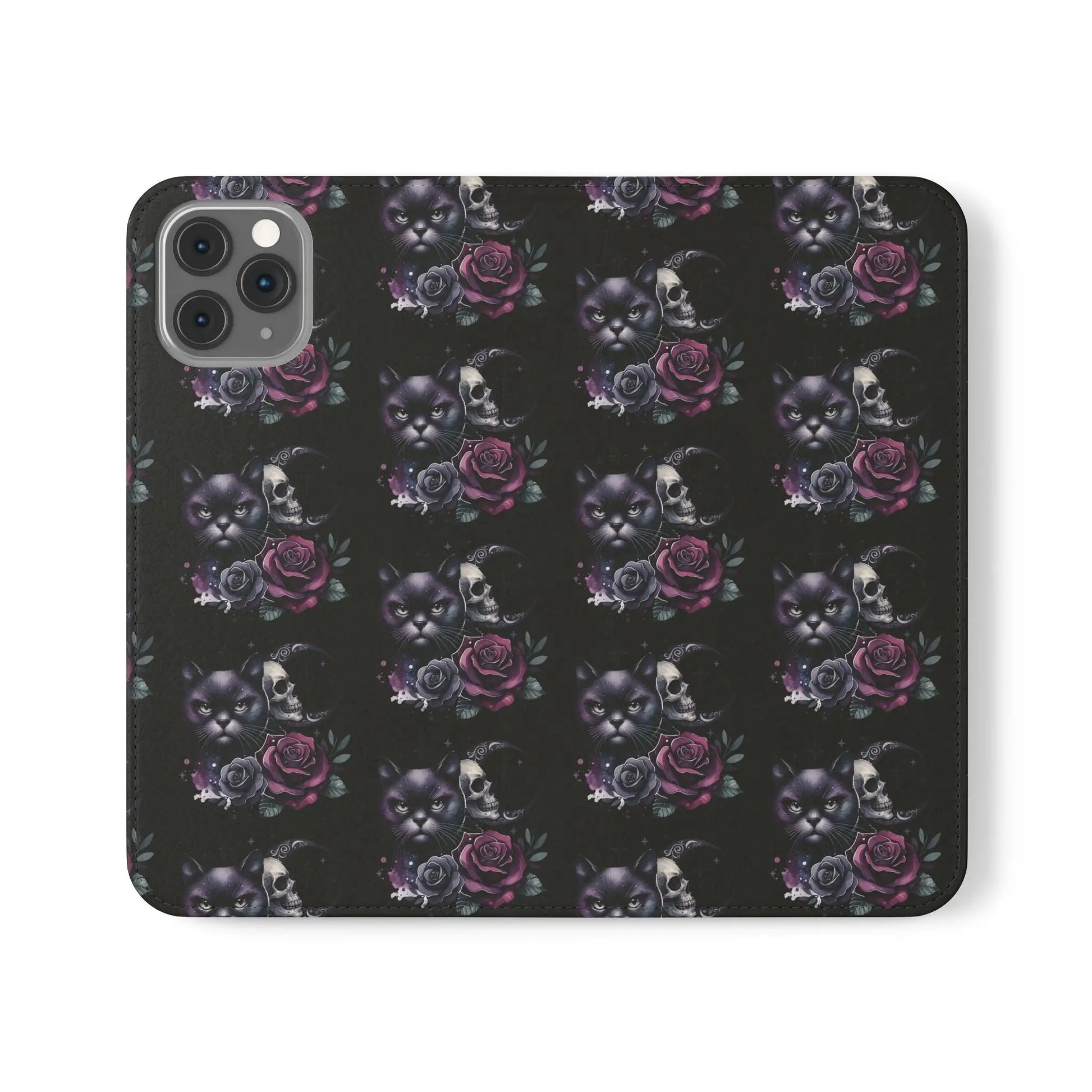 Gothic Floral Flip Case with Cats and Skulls Printify