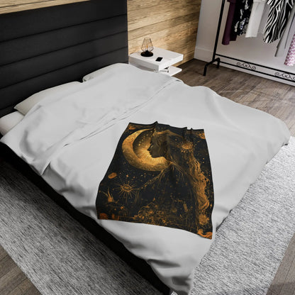 Black & Gold Celestial Pagan Design Plush Velveteen Blanket Printify