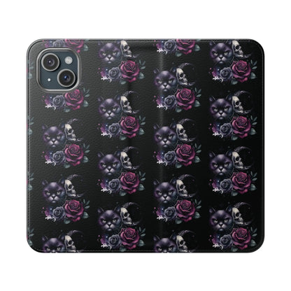 Gothic Floral Flip Case with Cats and Skulls Printify