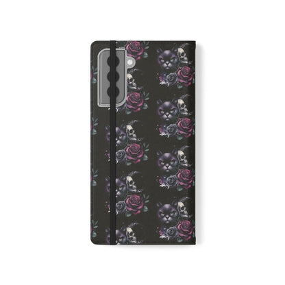 Gothic Floral Flip Case with Cats and Skulls Printify