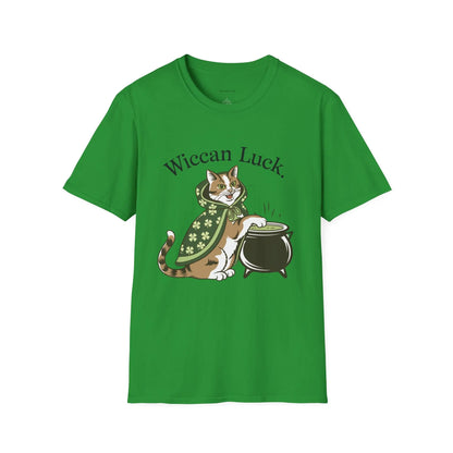 Front view of a Irish Green  tee featuring the lucky cat design with St. Patty's Day 4-leaf clover robe and witch's cauldron - witchypets.com