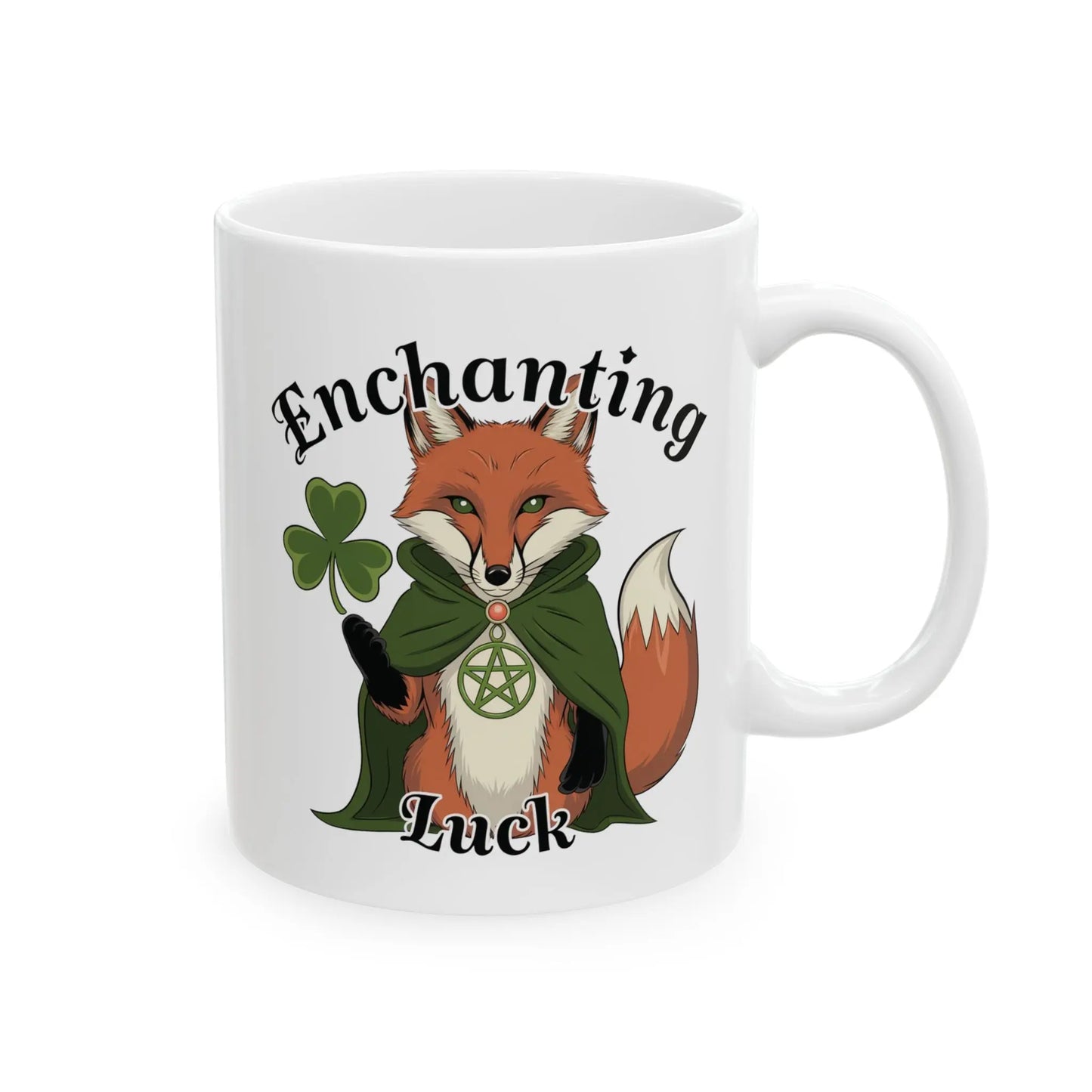 Side view of a White 11oz fox mug showcasing a mystical pagan fox adorned with clovers and a pentagram necklace.