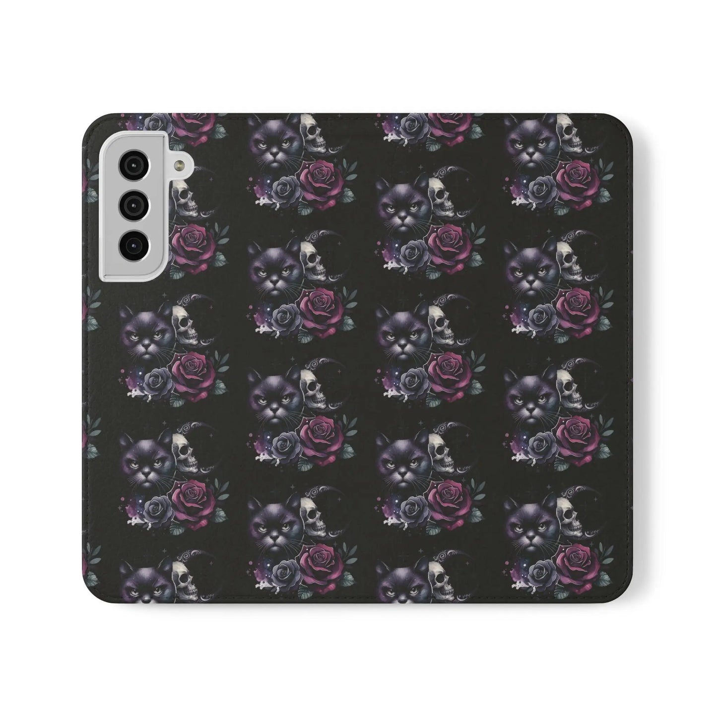 Gothic Floral Flip Case with Cats and Skulls Printify