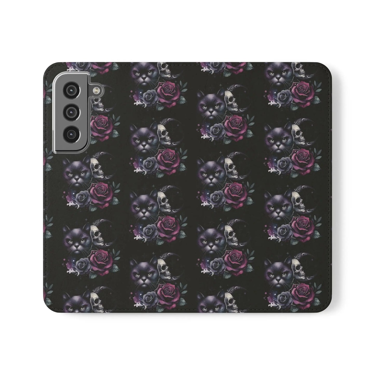 Gothic Floral Flip Case with Cats and Skulls Printify