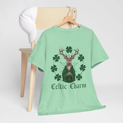 Mint green tee featuring a Celtic deer St. Patty Day design, hanging behind a chair in a mockup setting. witchypets.com