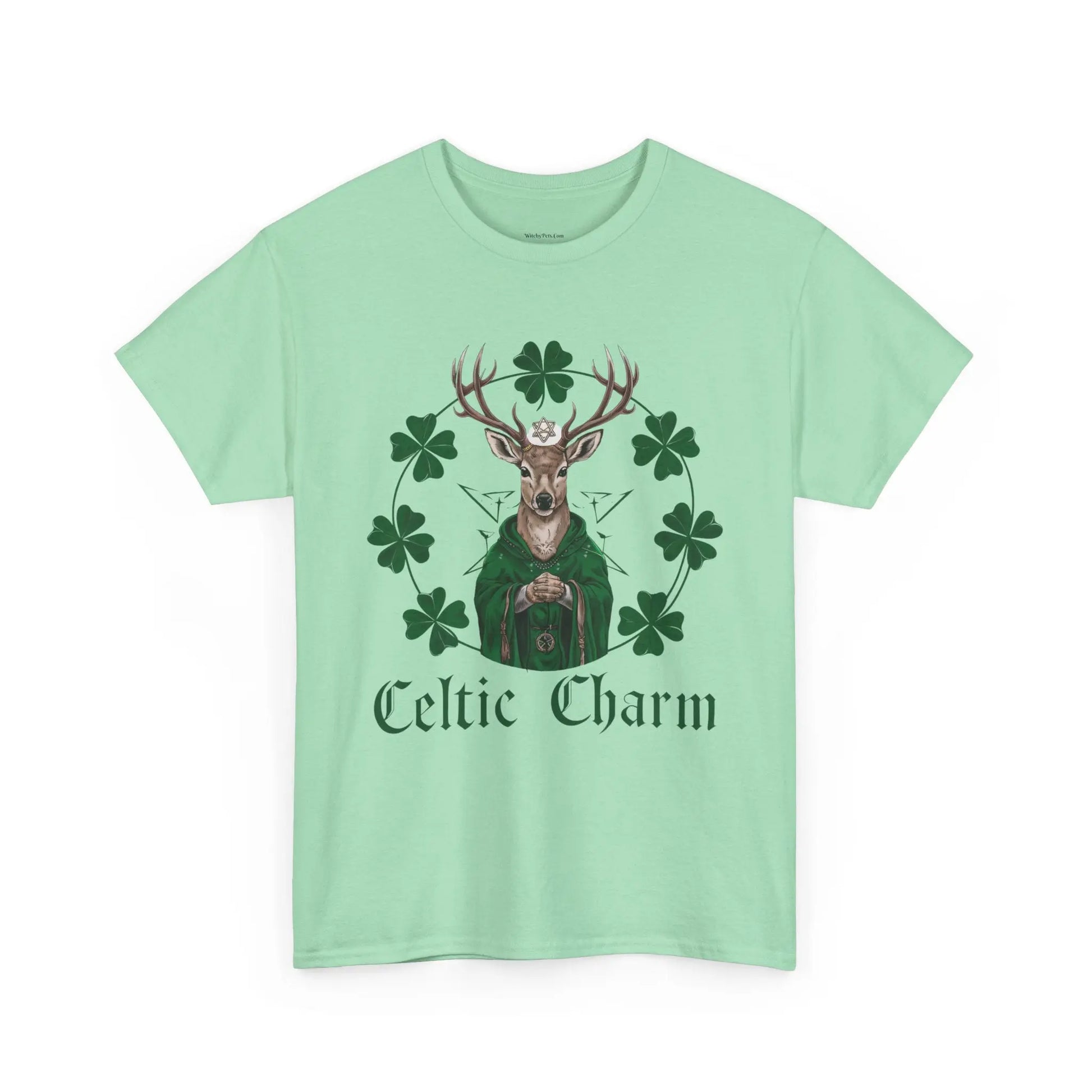 Mint Green  front view tee featuring a Celtic deer St. Patty Day design with four-leaf clovers. witchypets.com"