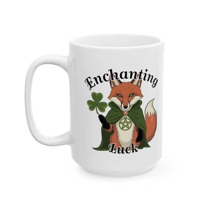 Side view of the white 15oz fox mug displaying the detailed pagan fox illustration with clovers and a pentagram necklace.