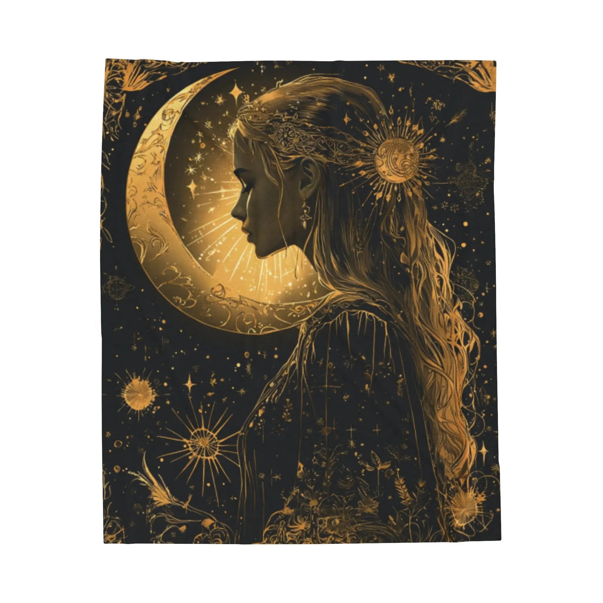 Black & Gold Celestial Pagan Design Plush Velveteen Blanket Printify