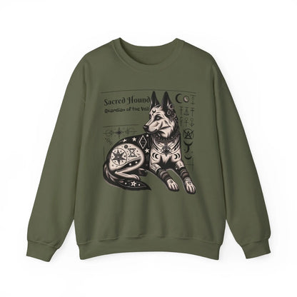 Front view of a military green sweatshirt with a pagan sacred hound design.