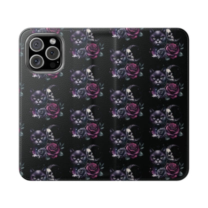 Gothic Floral Flip Case with Cats and Skulls Printify