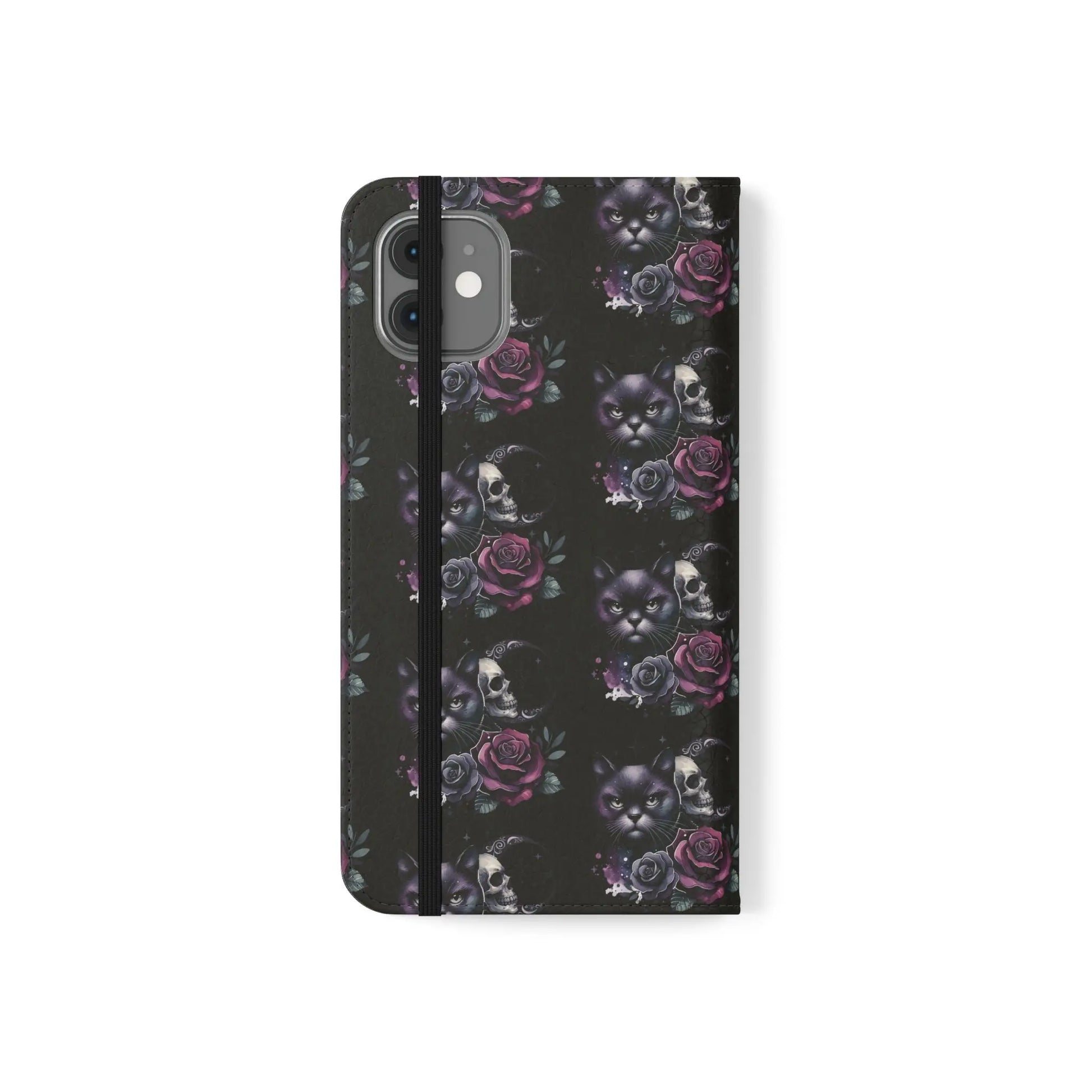 Gothic Floral Flip Case with Cats and Skulls Printify