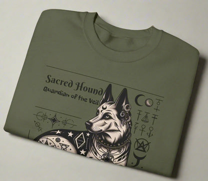 Folded view of a military green sweatshirt with the sacred hound design.