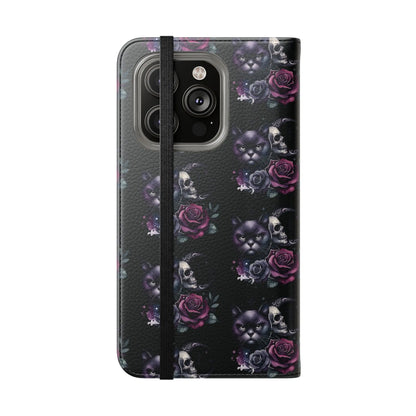 Gothic Floral Flip Case with Cats and Skulls Printify