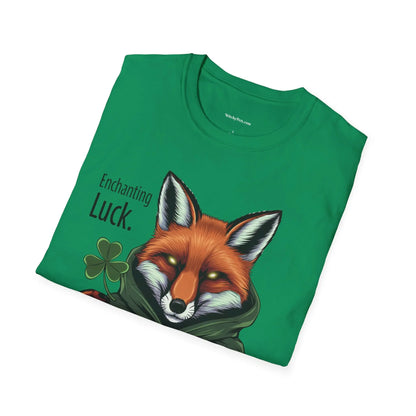 Folded Kelly green t-shirt featuring the Fox Luck design with a pagan fox, pentagram, four-leaf clovers, and the words 'Enchanting Luck.' witchypets.com