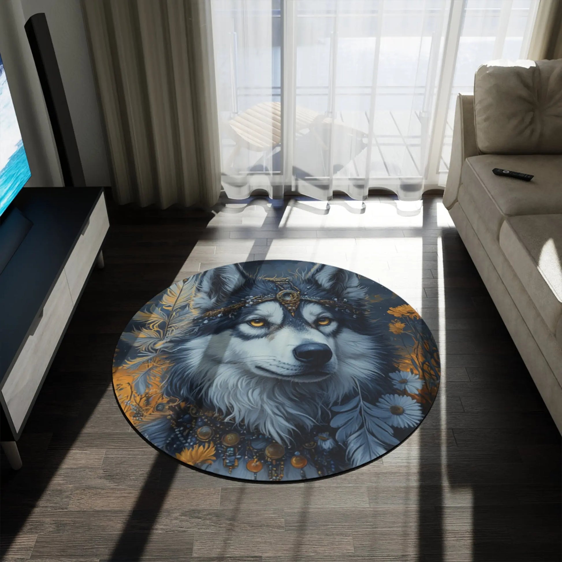 Boho Husky Round Rug - Celestial Design - 60 inch Diameter Printify