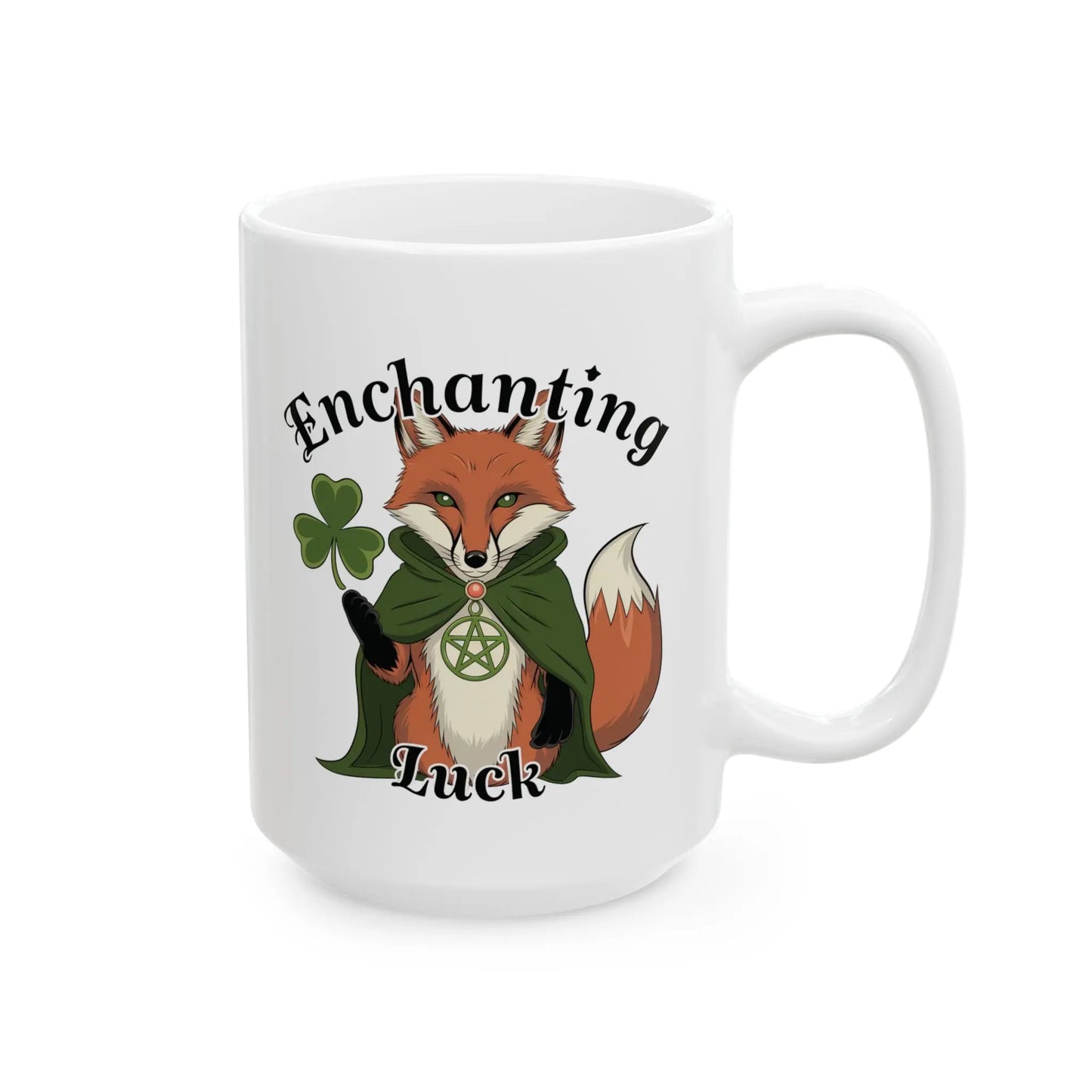 Side view of the white 15oz fox mug displaying the detailed pagan fox illustration with clovers and a pentagram necklace.